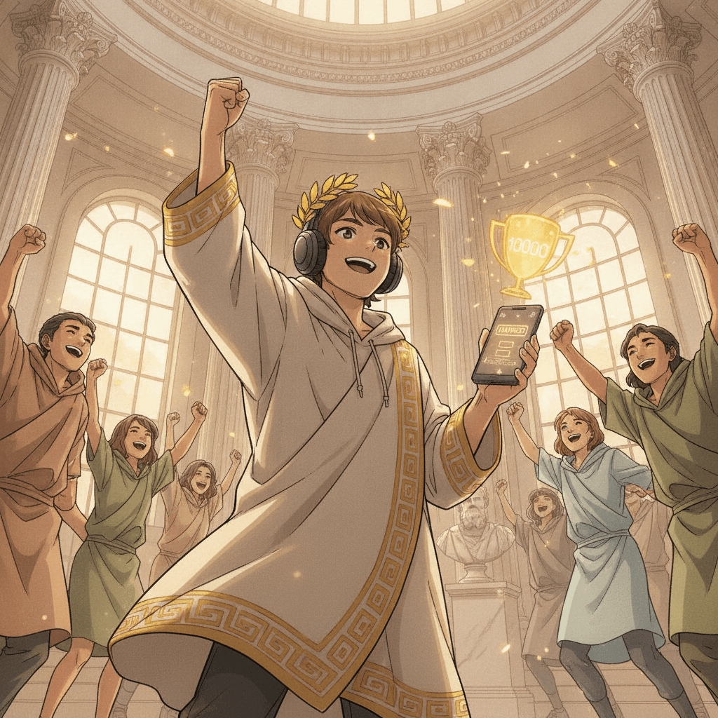 Student celebrating a long study streak with golden laurel wreath while classmates cheer