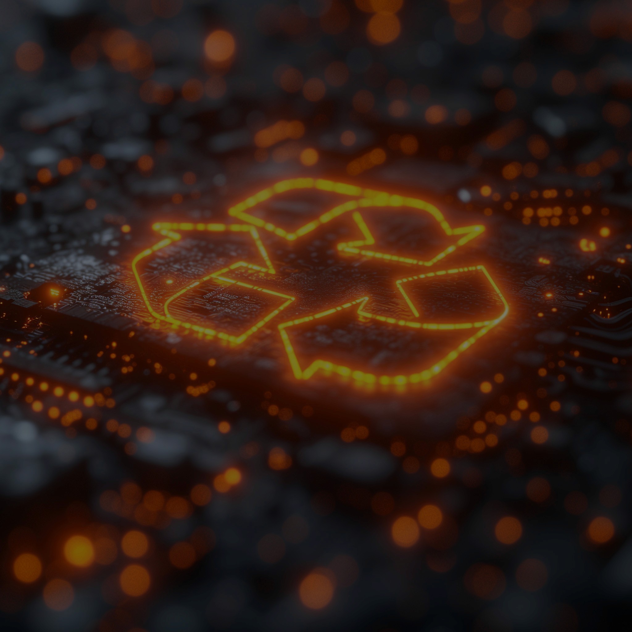 A bright orange recycle logo on a high-tech underground