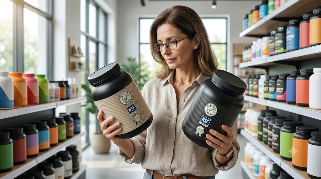 A middle-aged woman in a modern wellness store carefully compares two unbranded protein powder tubs, focusing on recognizable generic certification badges for Third-Party Tested, NSF Certified, and Purity Tested.