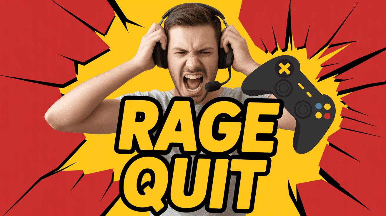 Enraged streamer ripping off headset beside shattered controller graphic and RAGE QUIT headline