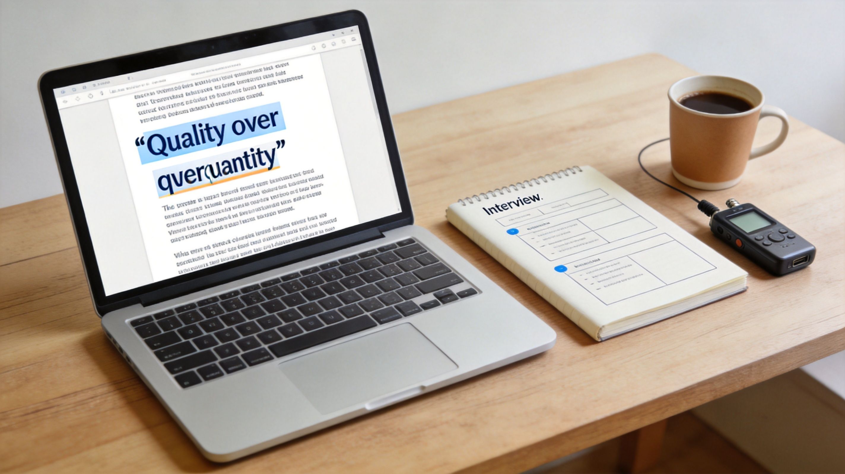 A modern workspace featuring a laptop displaying a quality over quantity headline next to an interview notebook.