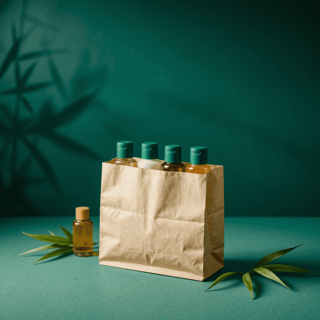 product photography of set of travel-sized toiletries in a paper bag