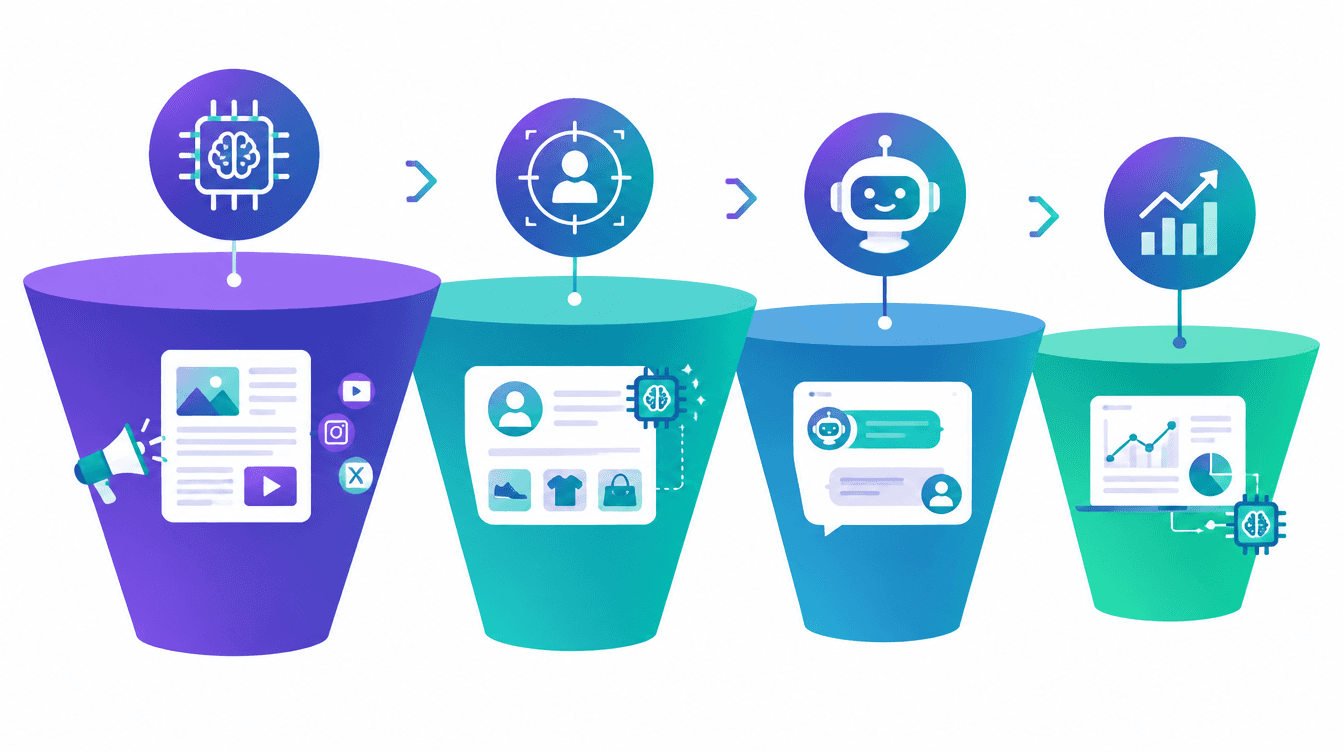 AI marketing funnel infographic showing the stages of implementing AI in digital marketing