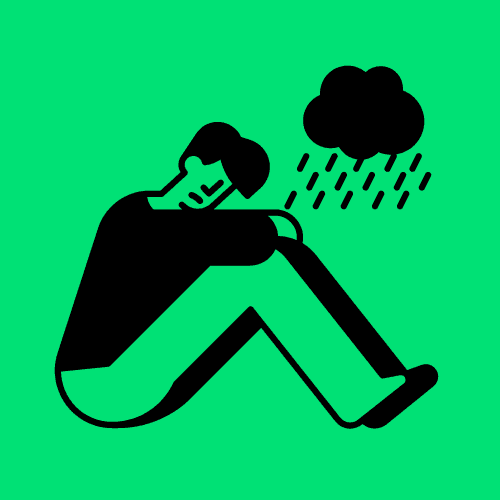 Icon depicting a person huddled under a raincloud, feeling alone.