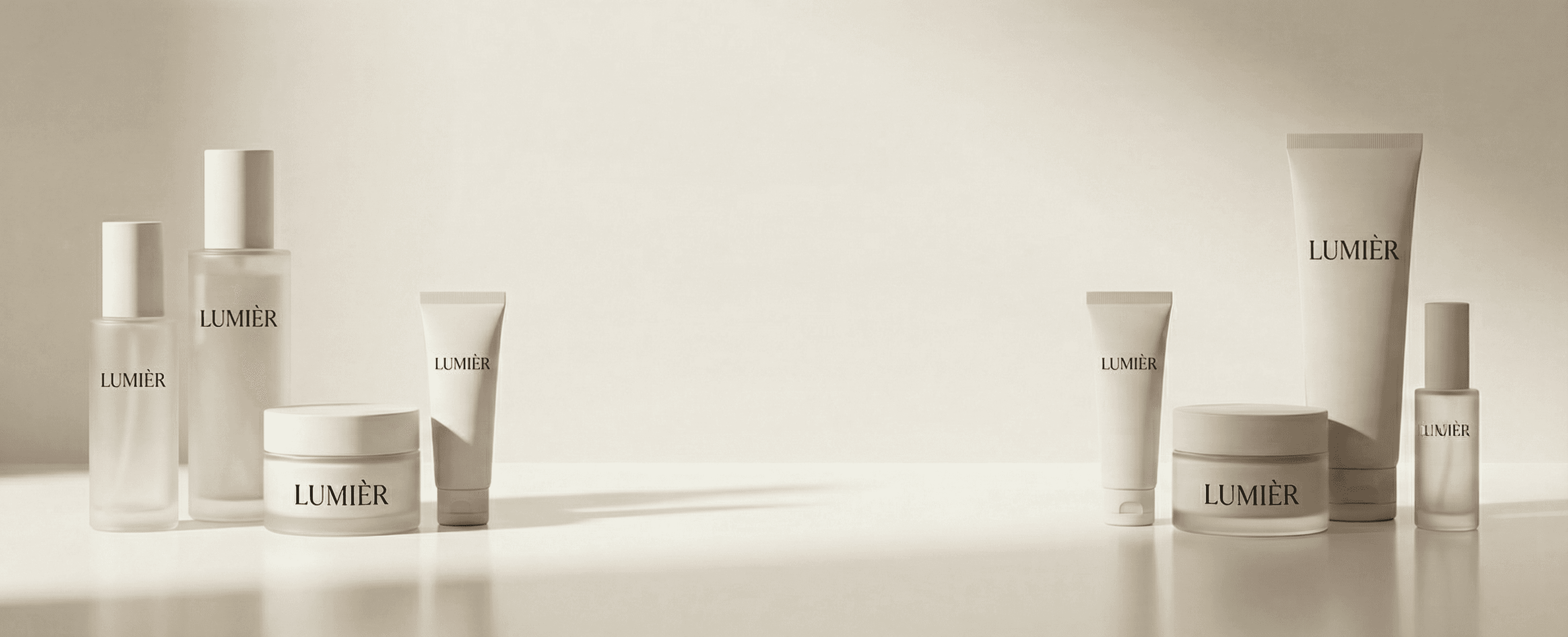 Collection of white Lumière skincare products with white flowers.