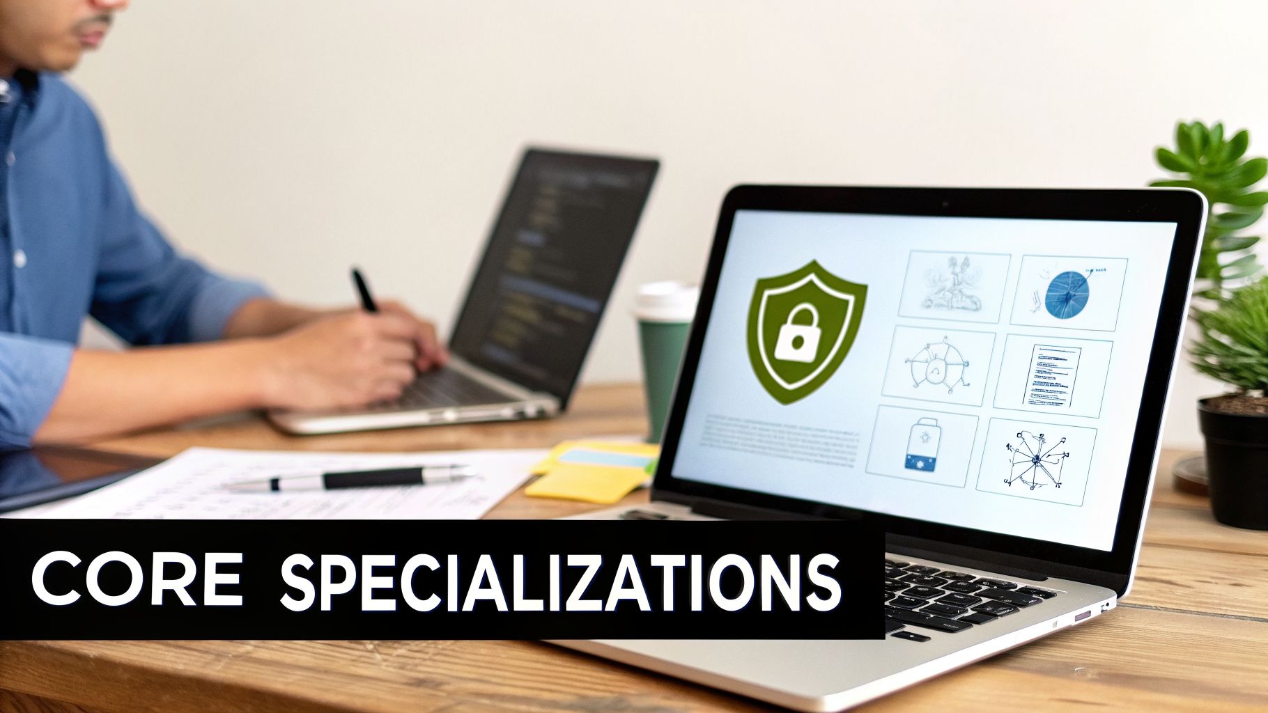 A person works on a laptop, while another displays cybersecurity icons and data visualizations, with 'CORE SPECIALIZATIONS' text overlay.