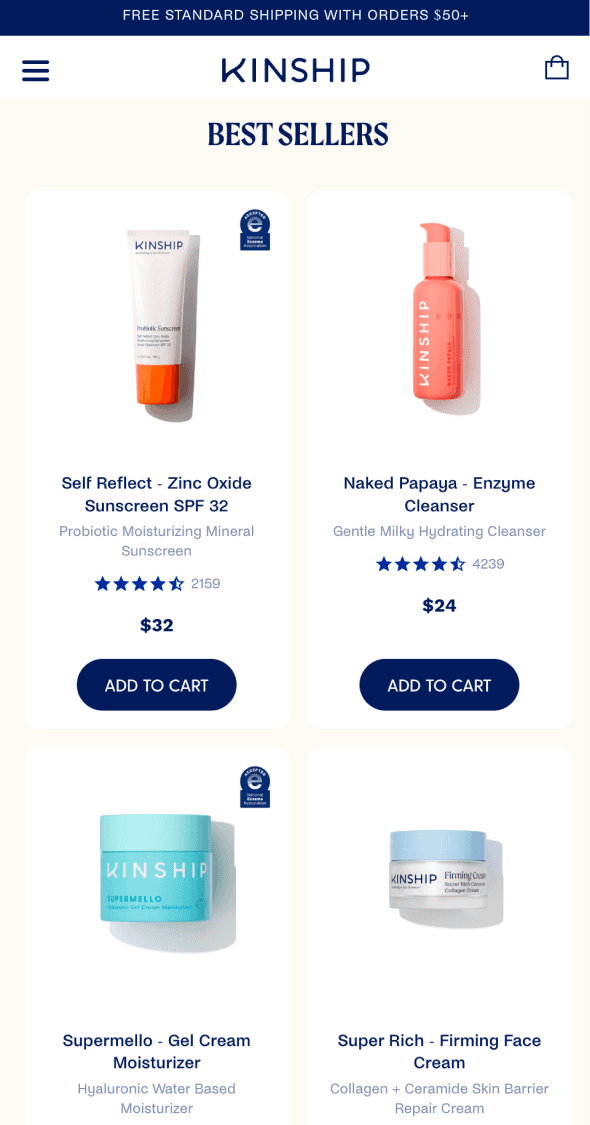 Mobile collection page for Kinship showcasing best-selling skincare products with pricing and CTAs