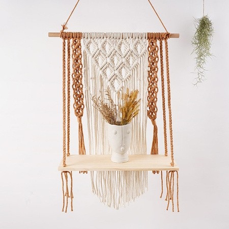 Handcrafted decorative macrame wall hanging shelf panel