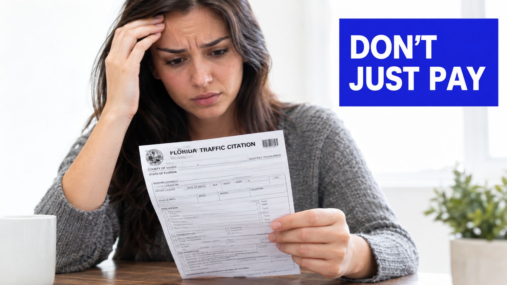 A distressed woman looking at a Florida traffic citation paper while considering her legal options for defense.