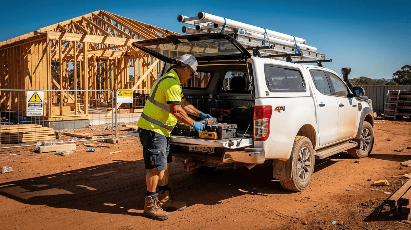 An Australian tradesperson is seen loading various tools into a work vehicle at a bustling construction site, preparing for the day's tasks that may involve managing cash flow for business expenses. The scene highlights the practical aspects of small business operations, where efficient access to funds is essential for covering unexpected expenses.