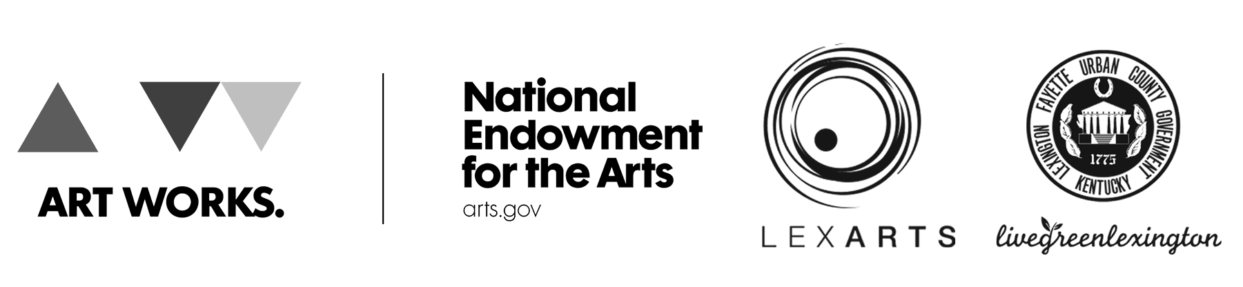 Partnership logos including Art Works, National Endowment for the Arts, LexArts, and Fayette Urban County Government Kentucky displaying arts funding sources.