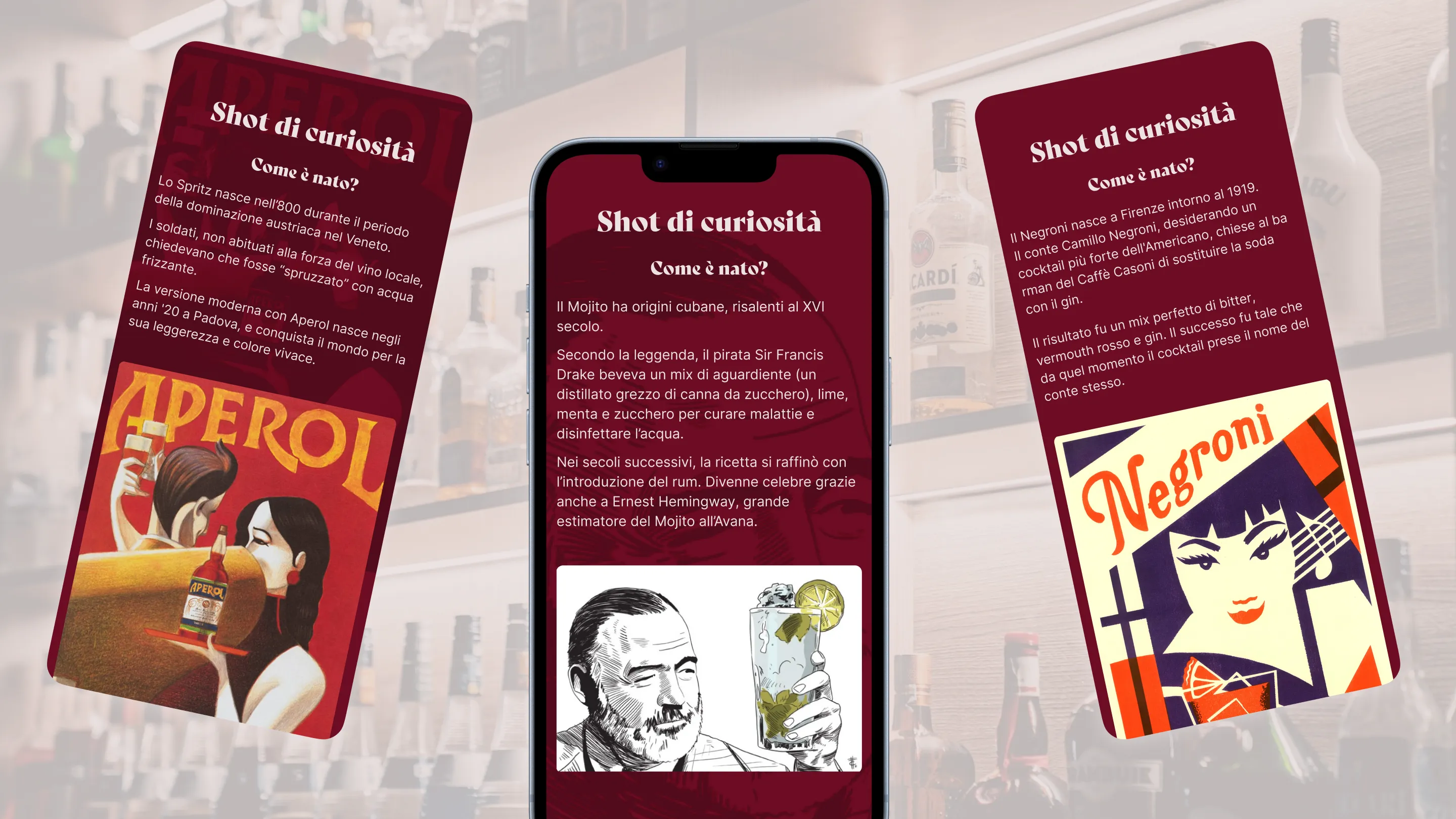 sezione "shot di curiosità",  dove vengono raccontati aneddoti sui cocktail