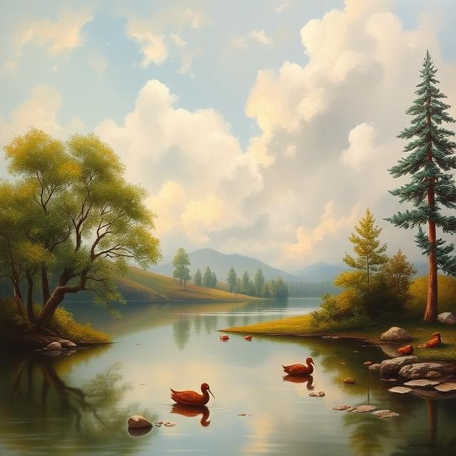 A serene painting of ducks gracefully swimming in a tranquil lake surrounded by lush greenery.