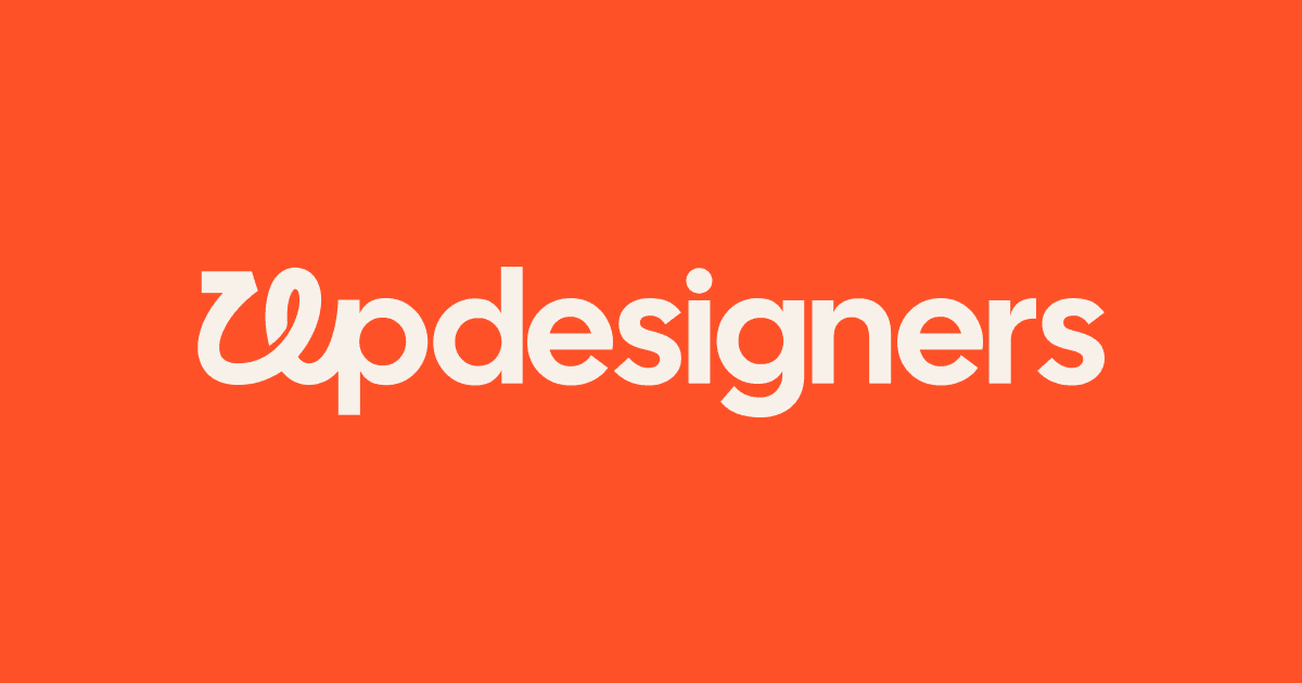 The logo features lowercase typography for 'updesigners' with a distinctive orange geometric mark or accent above the text.