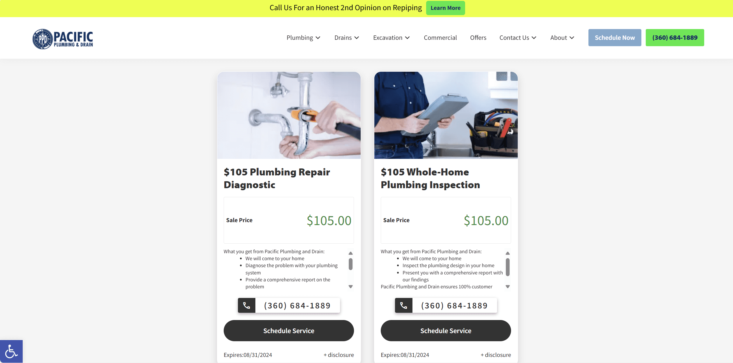 pricing shown on a plumber website