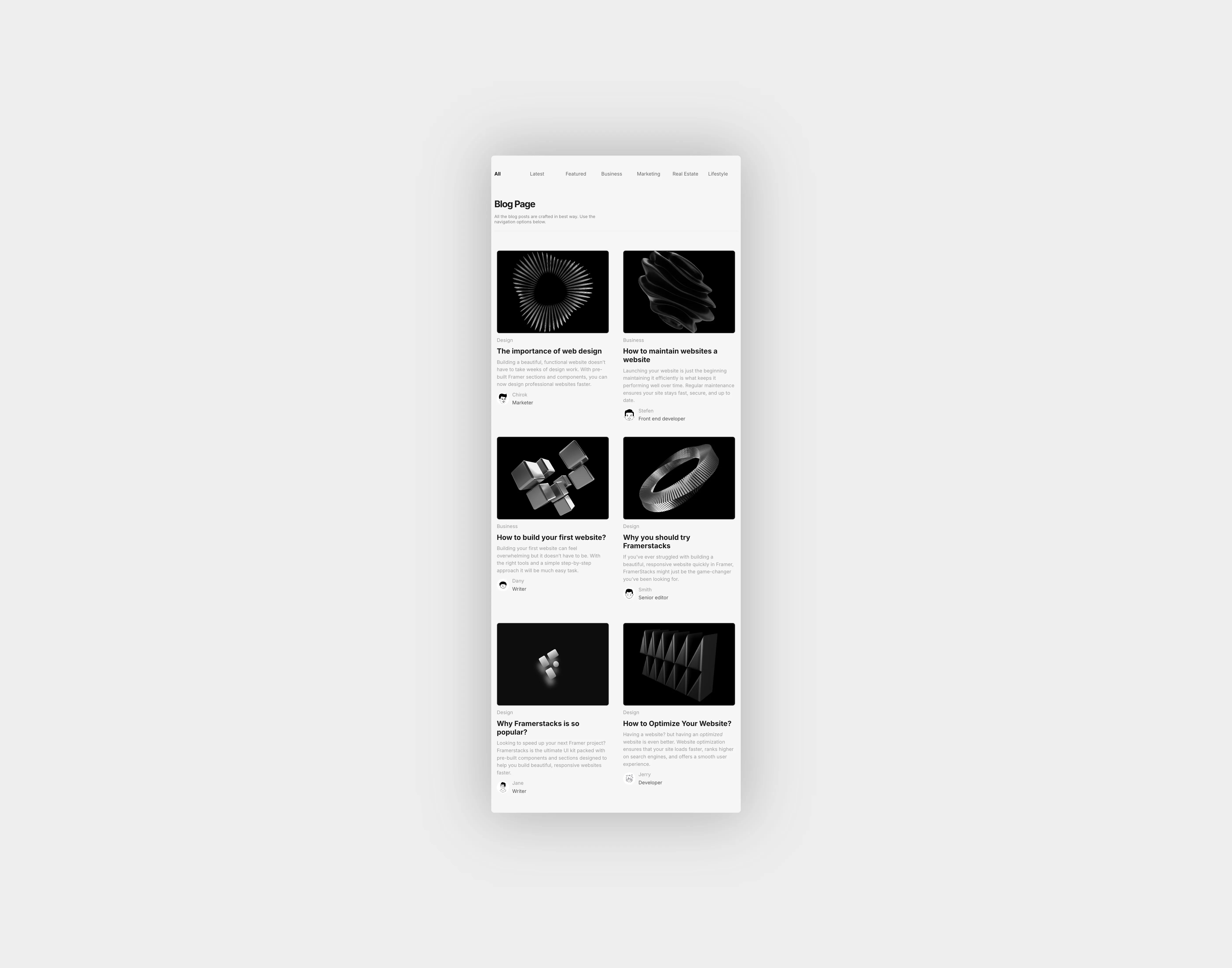 A light themed cms blog collection page ui in grid format, optimized for tablet devices