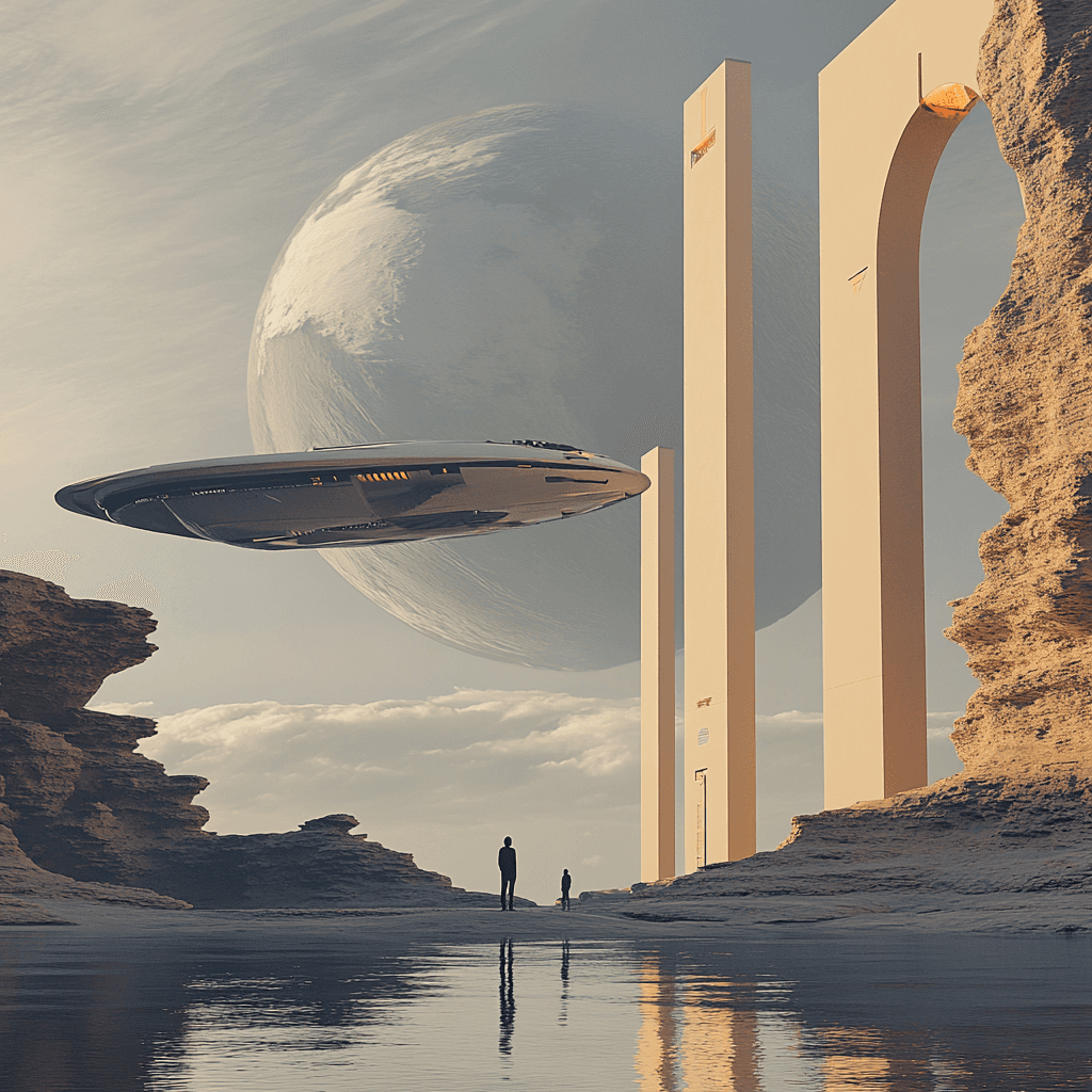 Futuristic spaceship hovering near towering geometric structures in an alien-like landscape, with a massive planet looming in the background. The scene includes two silhouetted figures standing near a reflective water surface. Created by USEVOX, showcasing advanced space technology and extraterrestrial exploration.