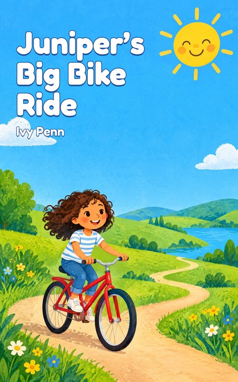 Children’s book cover template: Juniper’s Big Bike Ride, a girl riding a red bike through green hills