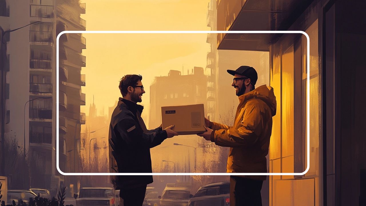 Two men smiling as one hands a package to the other on a city street at sunset