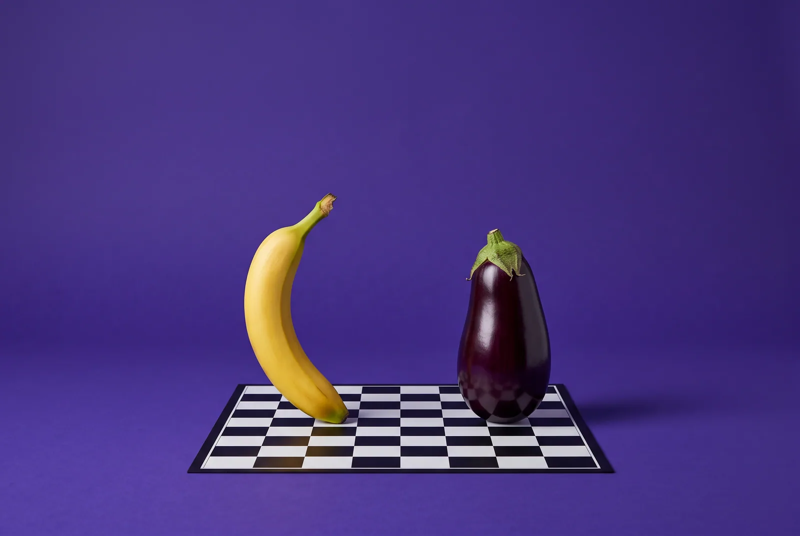 A banana and an eggplant as chess pieces on a mini chessboard, a playful QUITTR vs BrainBuddy comparison
