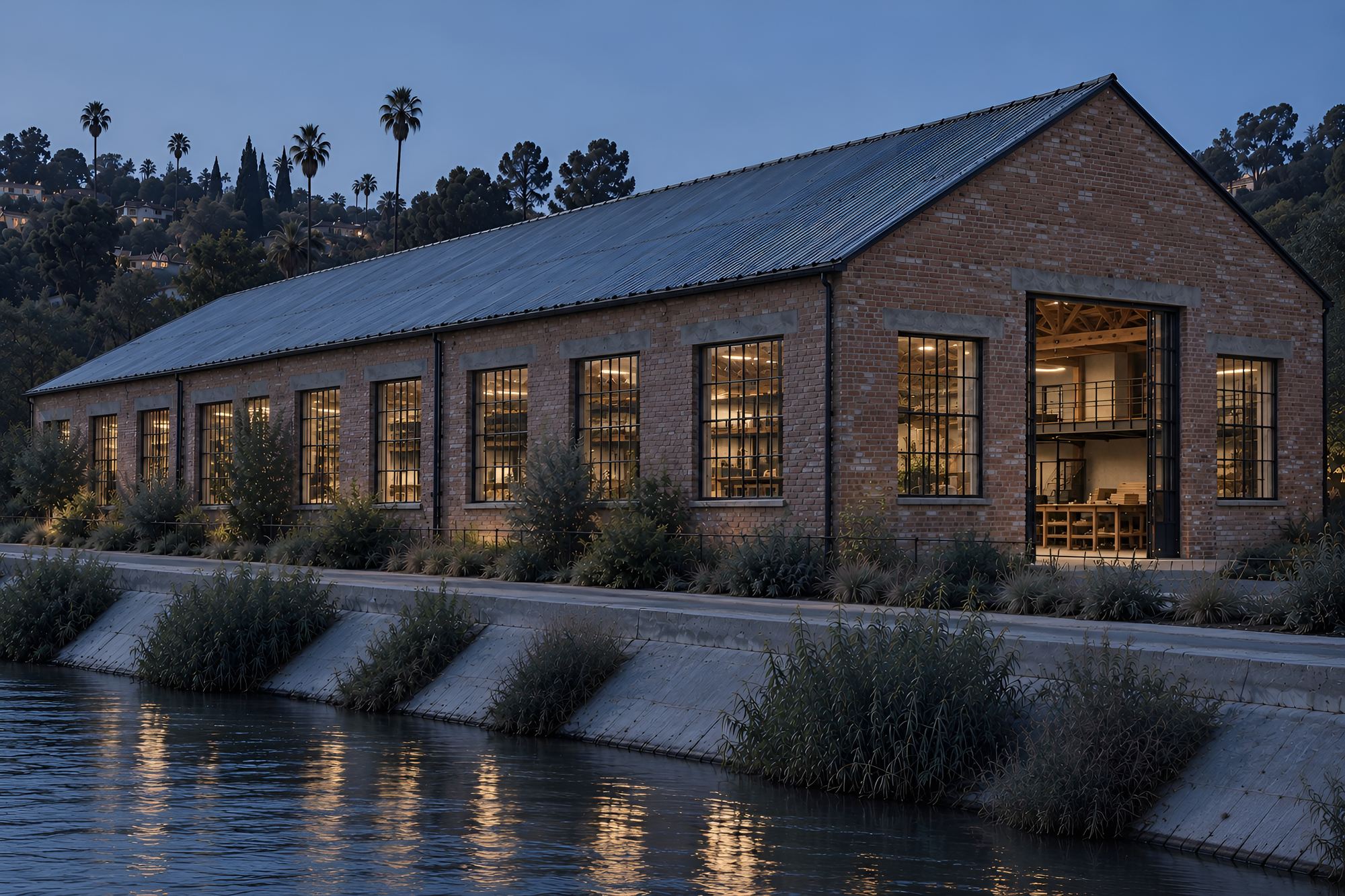 Workshop lights shine through steel windows and an open gable entrance above riverbank planting and the concrete river channel at dusk.