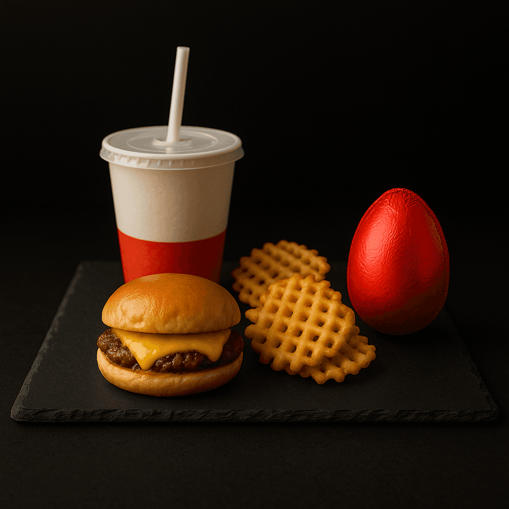 burger on white and red floral table cloth