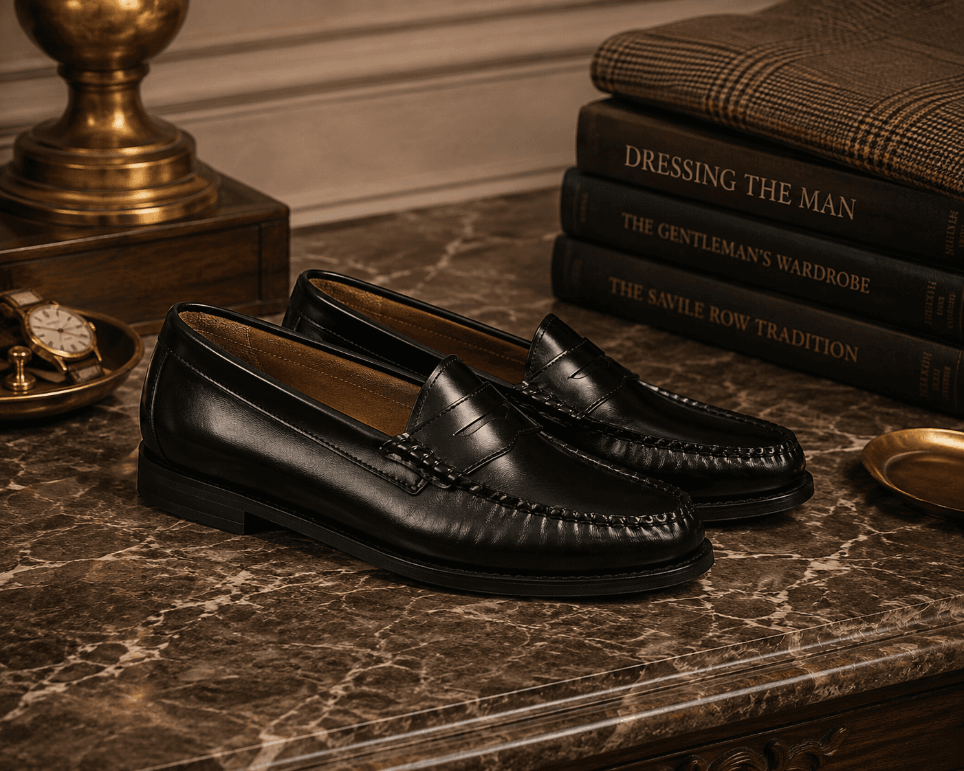 A pair of classic black leather penny loafers resting on a dark polished marble tabletop. The composition is styled with stacked hardcover books titled "Dressing the Man", "The Gentleman's Wardrobe", and "The Savile Row Tradition", topped with a folded brown plaid jacket, alongside a brass table lamp and a brass valet dish containing a gold wristwatch under warm ambient light.