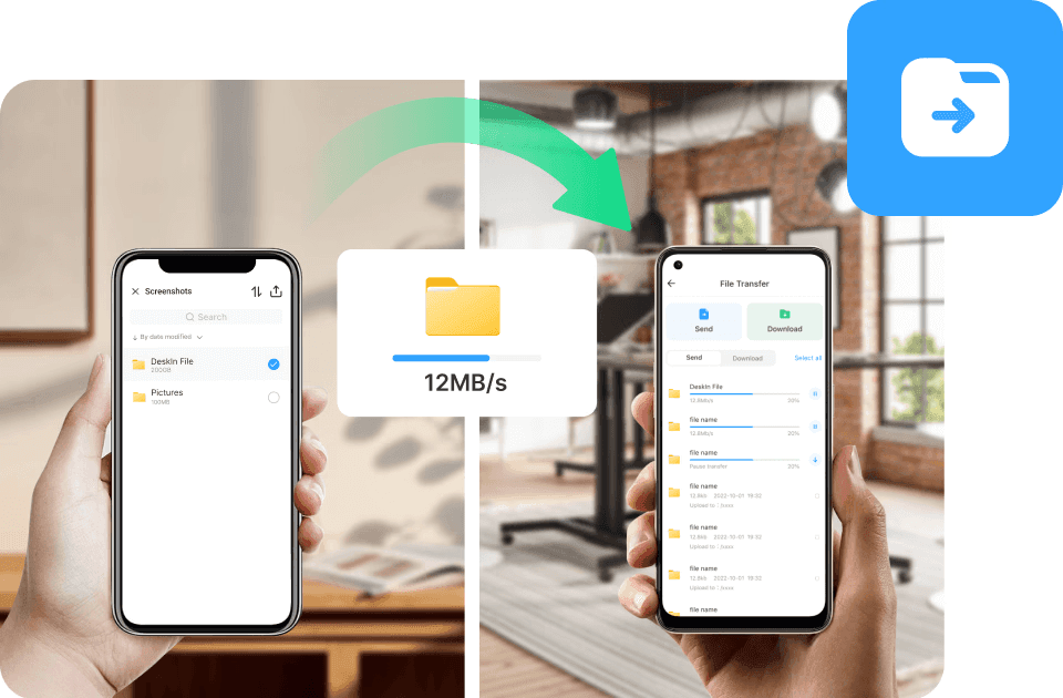 DeskIn fast file transfer between Android and iPhone at 12MB per second