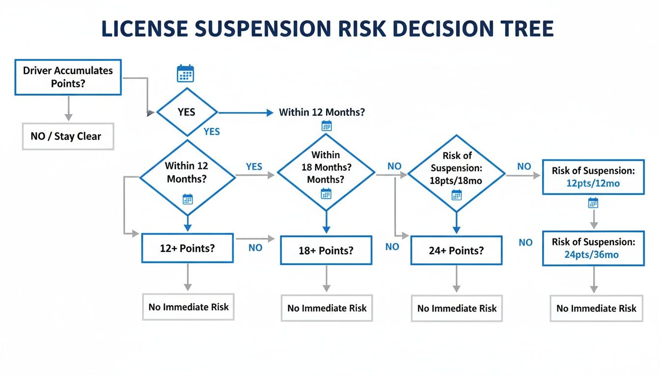 A decision tree flowchart illustrating license suspension risk based on accumulated driver points over time.