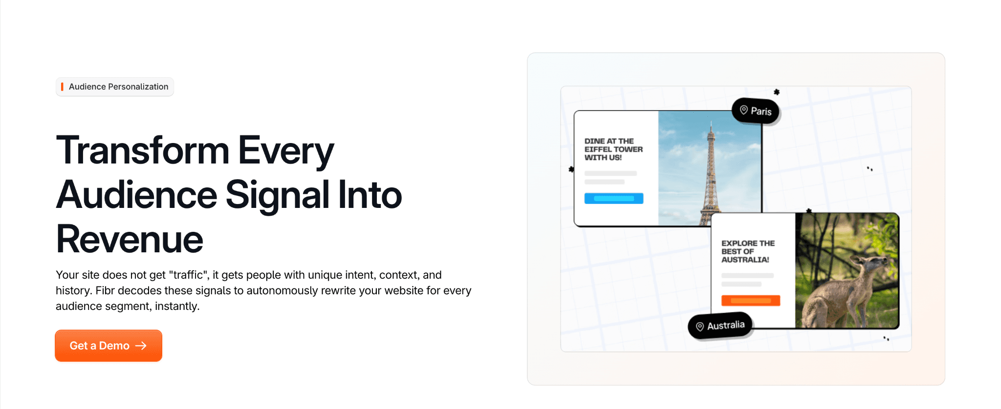 Fibr Audience Personalization landing page showing location-based experiences for Paris and Australia.