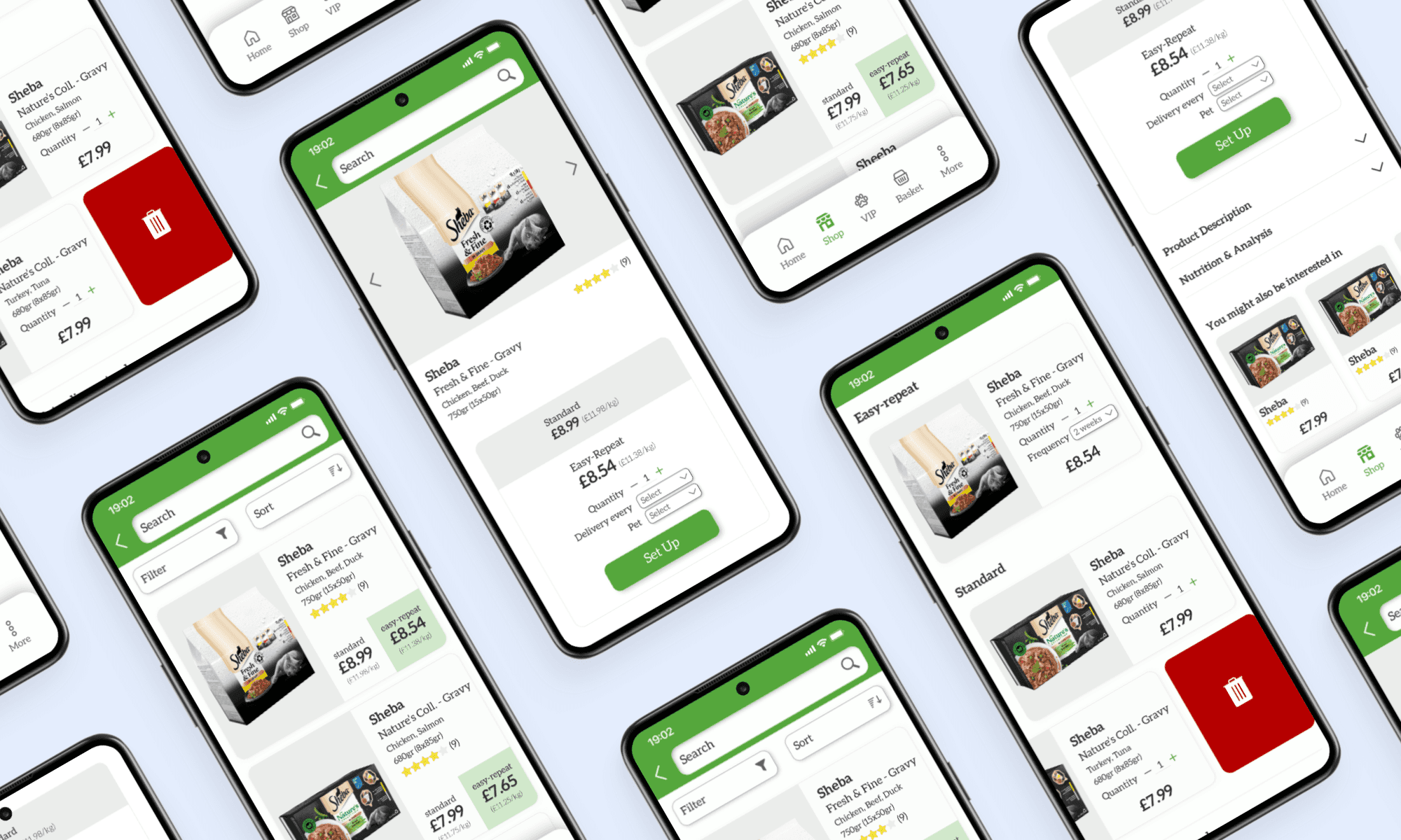 Various Mockups of Mobile Screens showing mainly 3 pages of the app. All related to the purchase of pet food