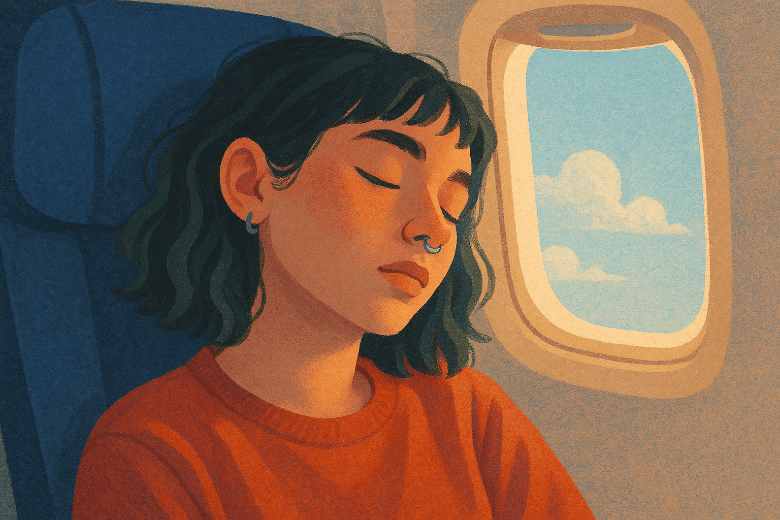 An illustration of a young person with short dark hair and a nose ring sleeping in an airplane seat. They are wearing a red sweater and soft light filters in through the window.