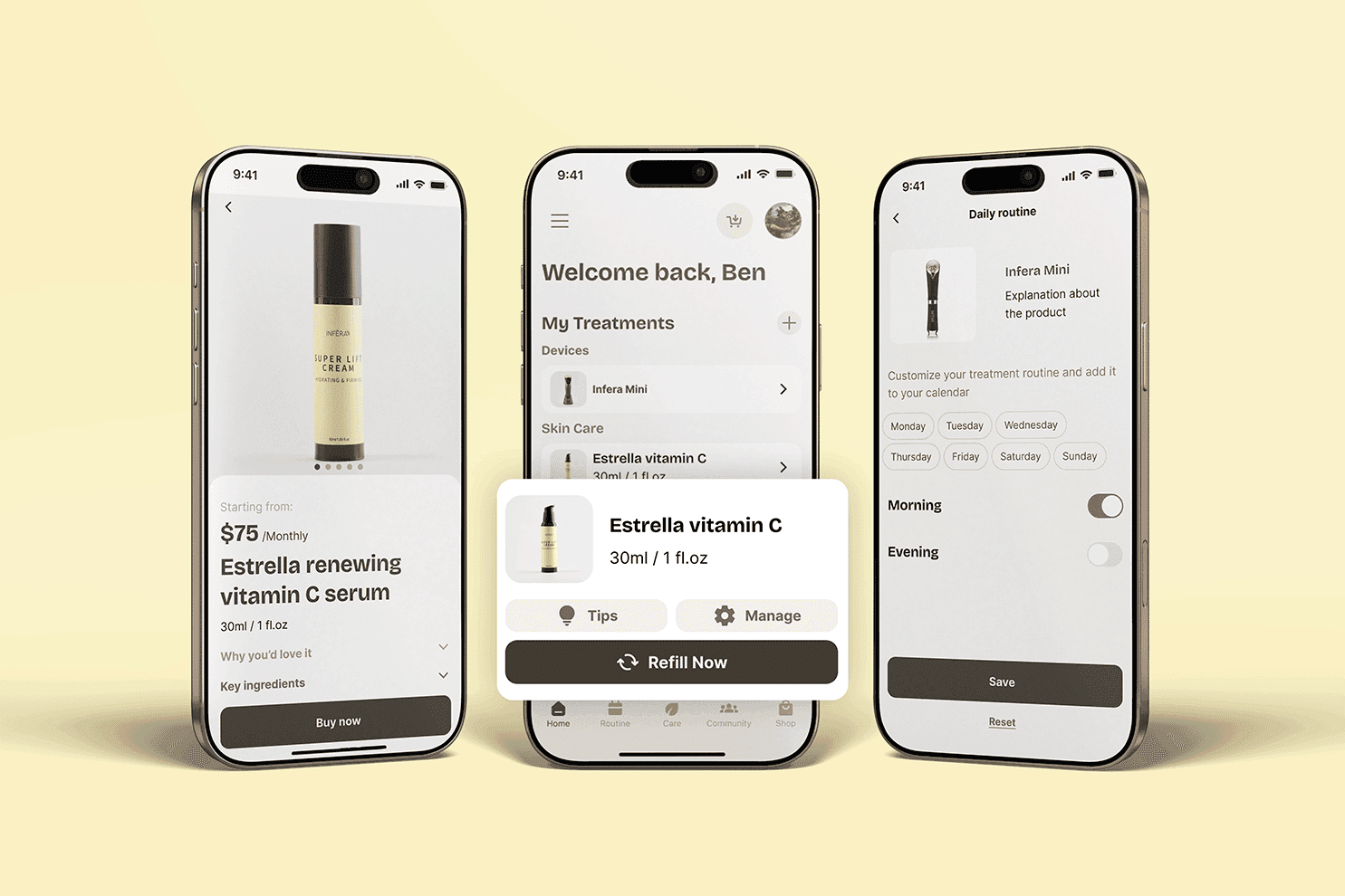 Infera mobile app design showcasing skincare product subscription, user dashboard, and daily routine in clean UX UI design.