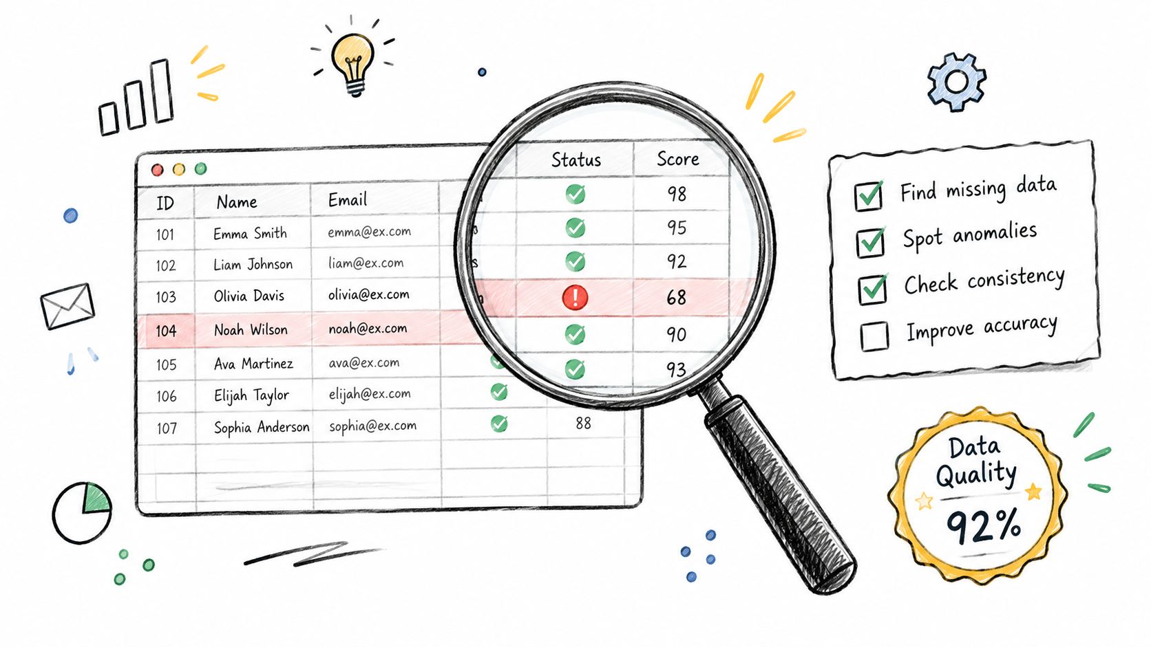 A hand-drawn illustration showing a magnifying glass inspecting a data spreadsheet with a data quality score of 92%.