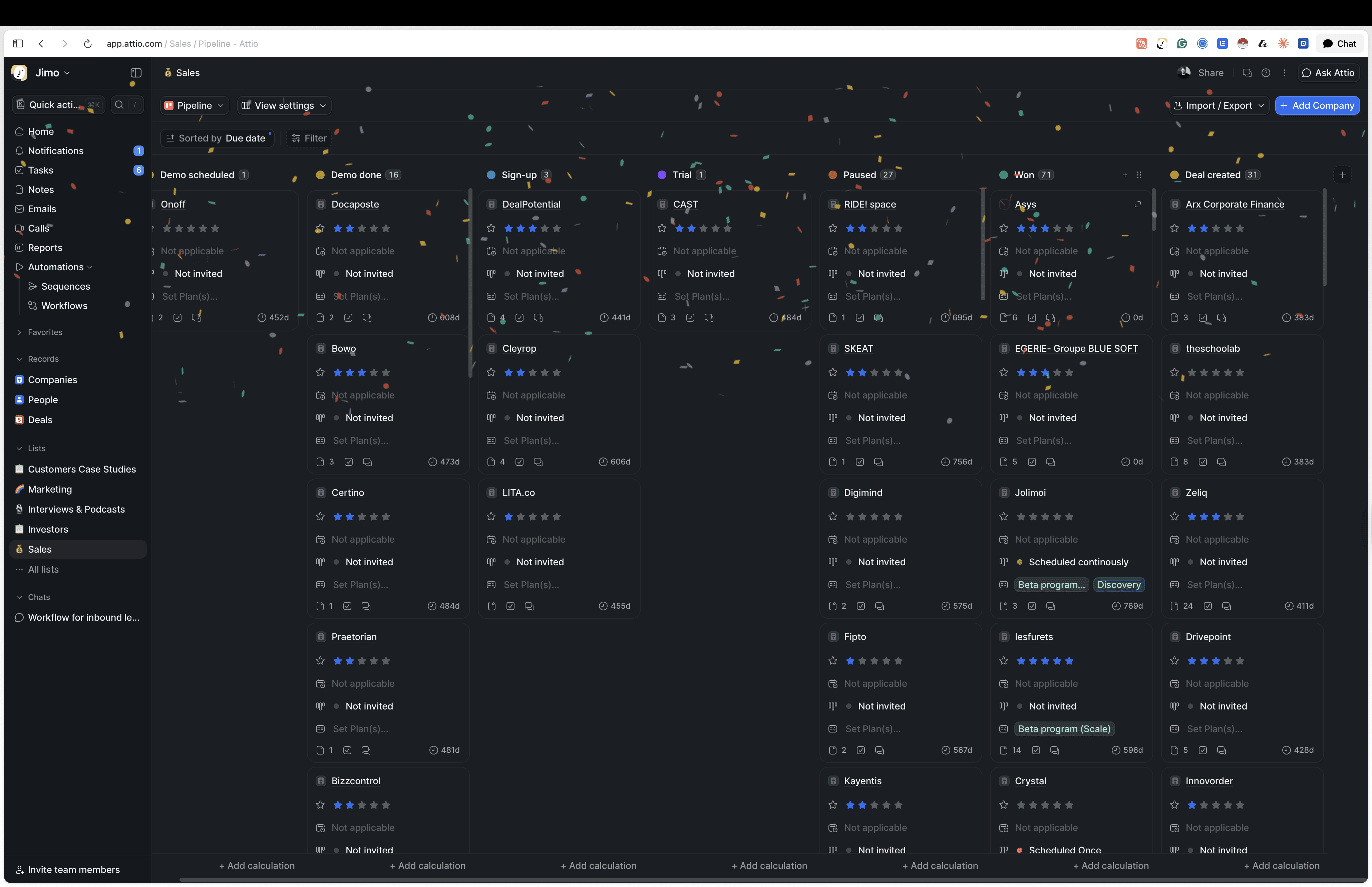                                                  Confetti animation when a deal is won on Attio