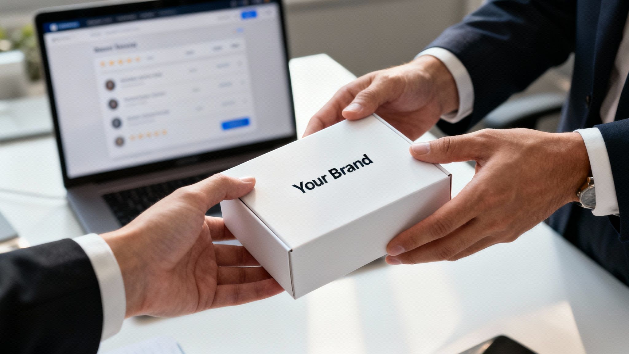 Hands exchanging a 'Your Brand' white box in front of a laptop displaying a review management platform.