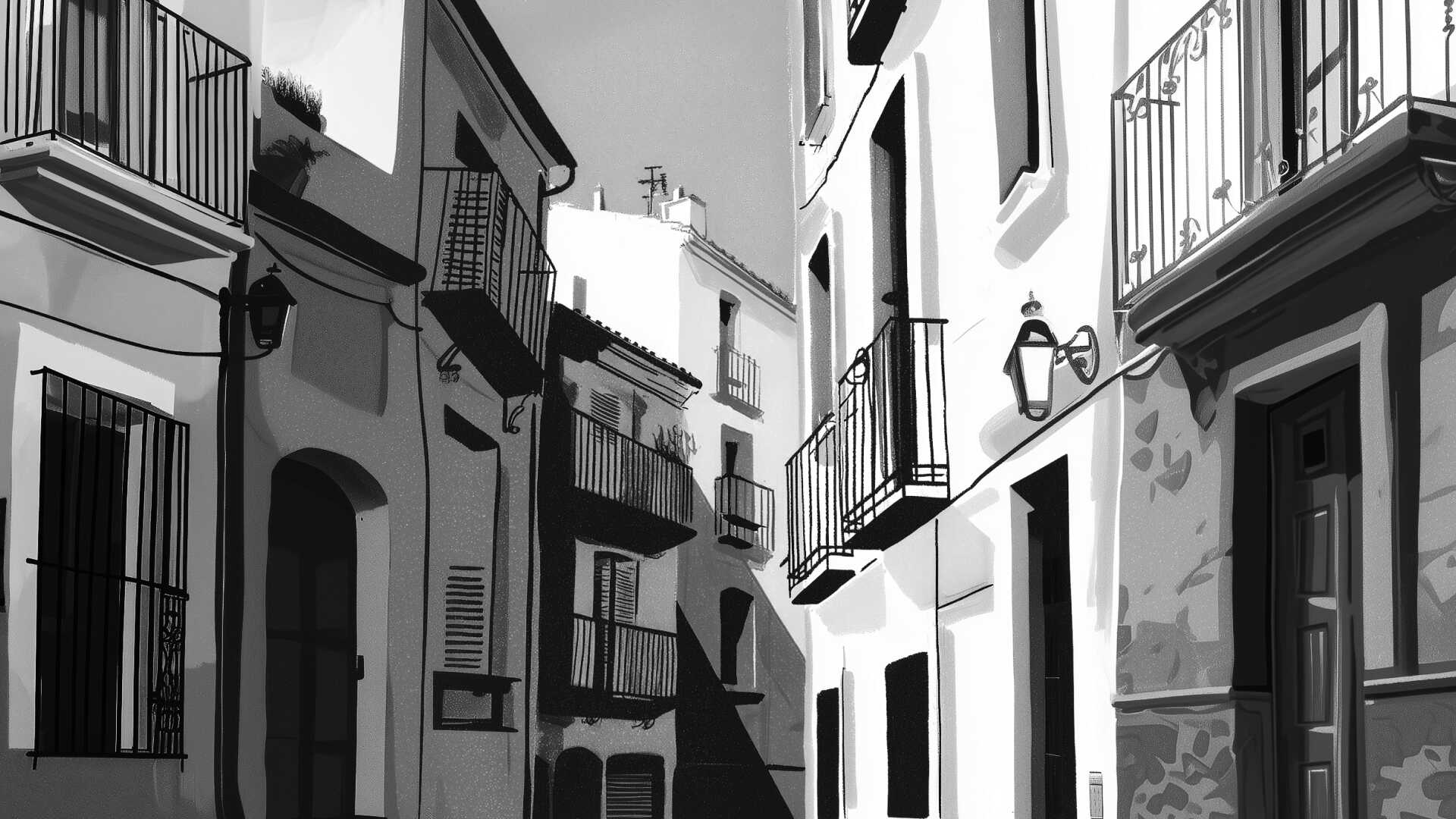 Black and white quiet urban street where light and shadow shape the city’s surfaces
