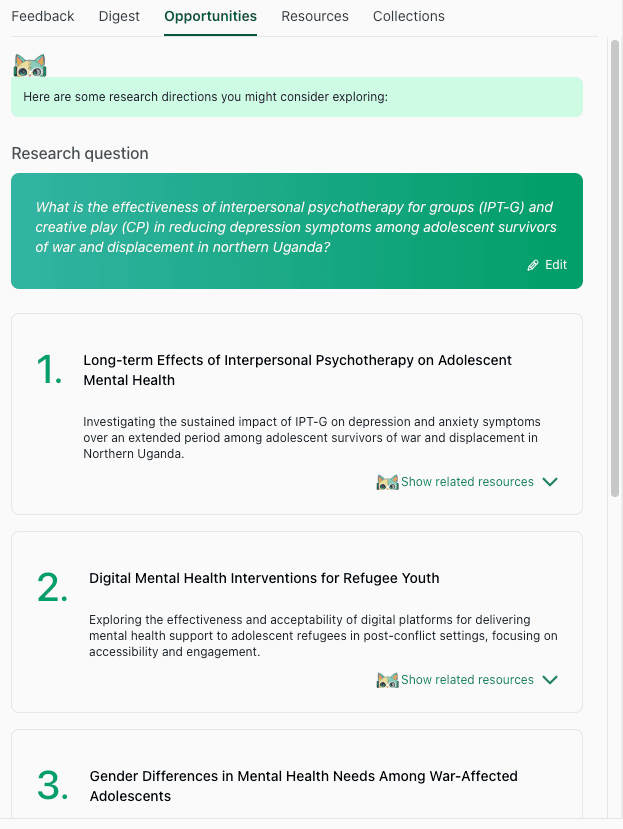 Screenshot of thesify Opportunities tab showing suggested research directions on psychotherapy, digital interventions, and gender differences.