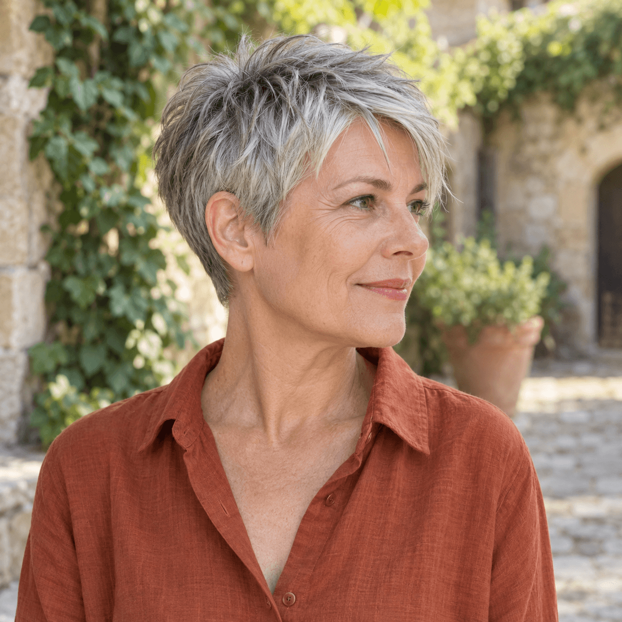 Pixie gris argent texturée, avec une nuque courte et des mèches souples sur le dessus