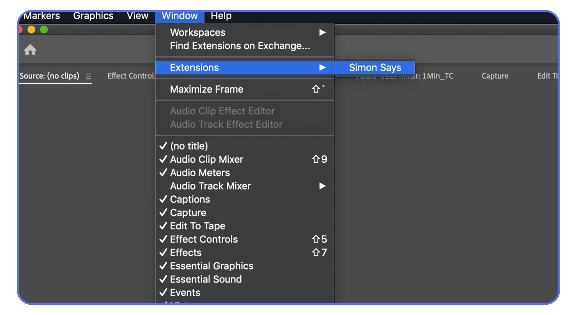 Adobe Premiere Pro Window menu showing Extensions panel with third-party extension selected