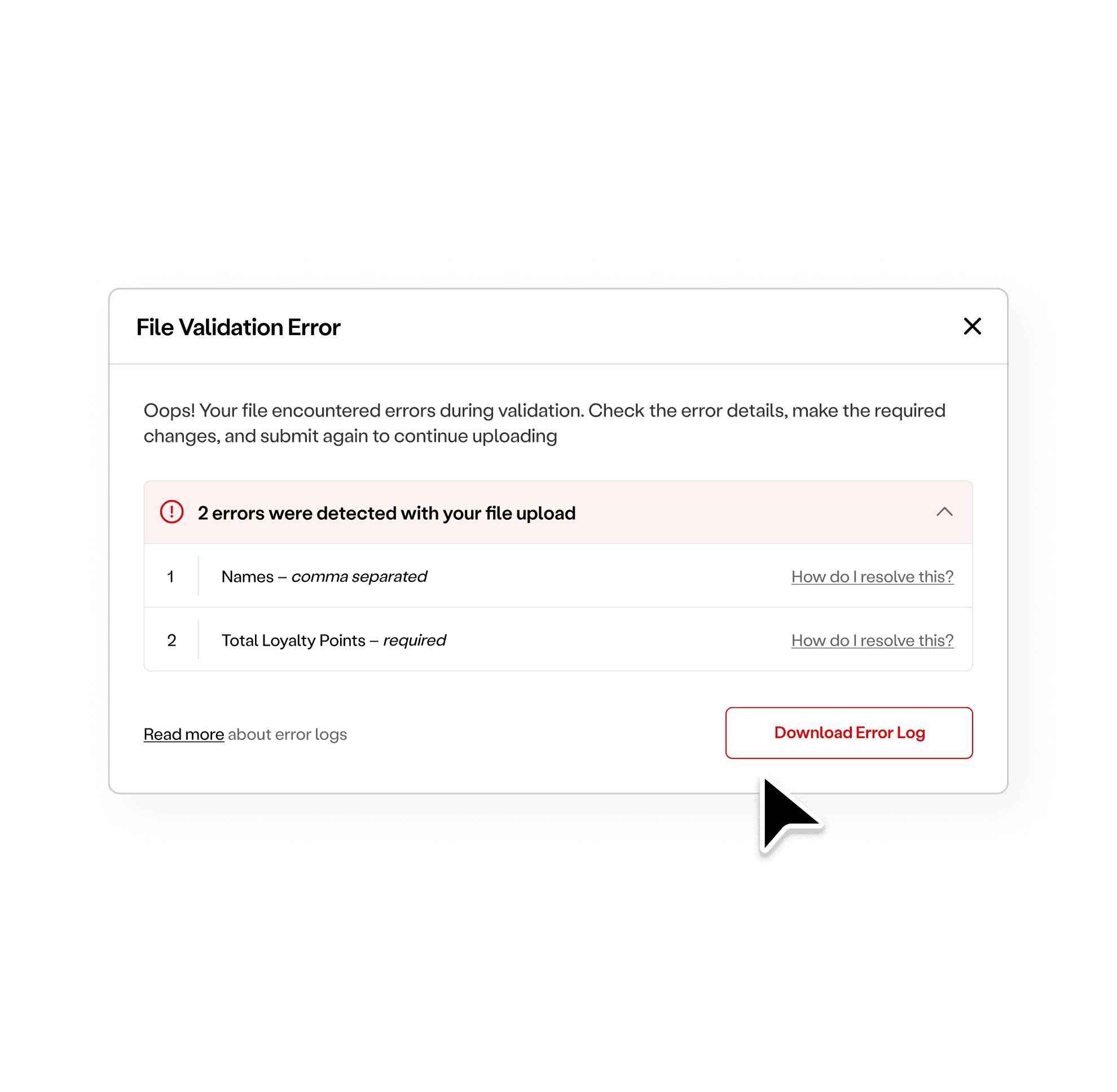 Error dialog for a failed file upload