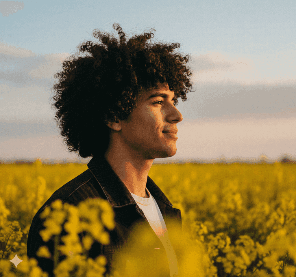 A man with curly hair smiling in a field of yellow flowers at sunset.