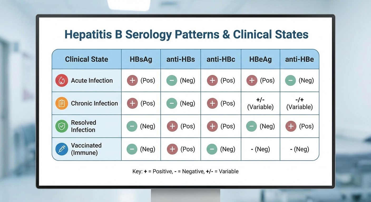 Hepatitis B serology interpretation table for USMLE Step 2 CK