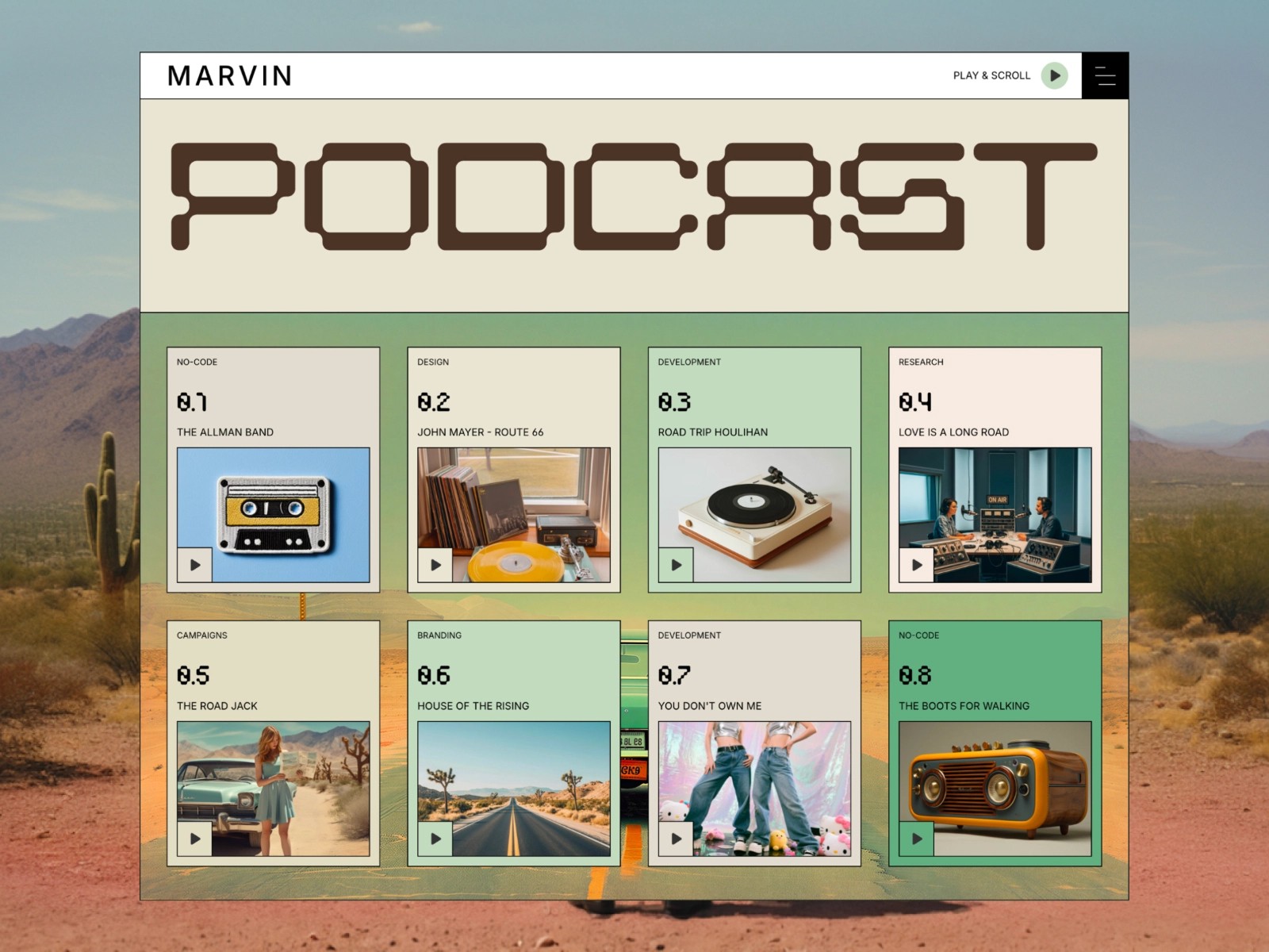 Podcast page with album covers and play buttons on a desert background.