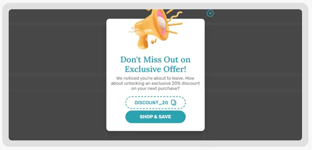 Exit-intent discount popup template by Claspo featuring a 20% off promo code and copy-to-clipboard functionality to convert abandoning website visitors