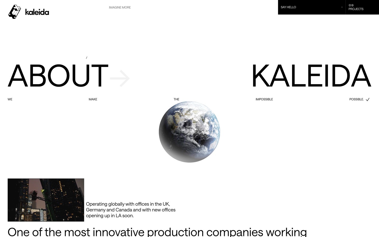 White webpage with the word "ABOUT" on the left and "KALEIDA" on the right. Earth image in the center. Text: "Operating globally with...