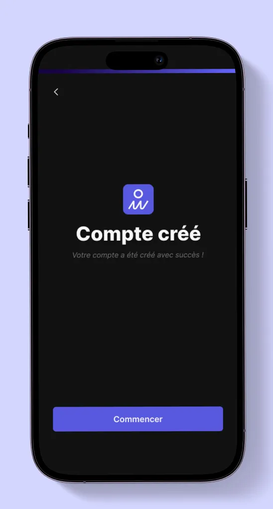 Écran de confirmation compte créé sur l’application On Wheels