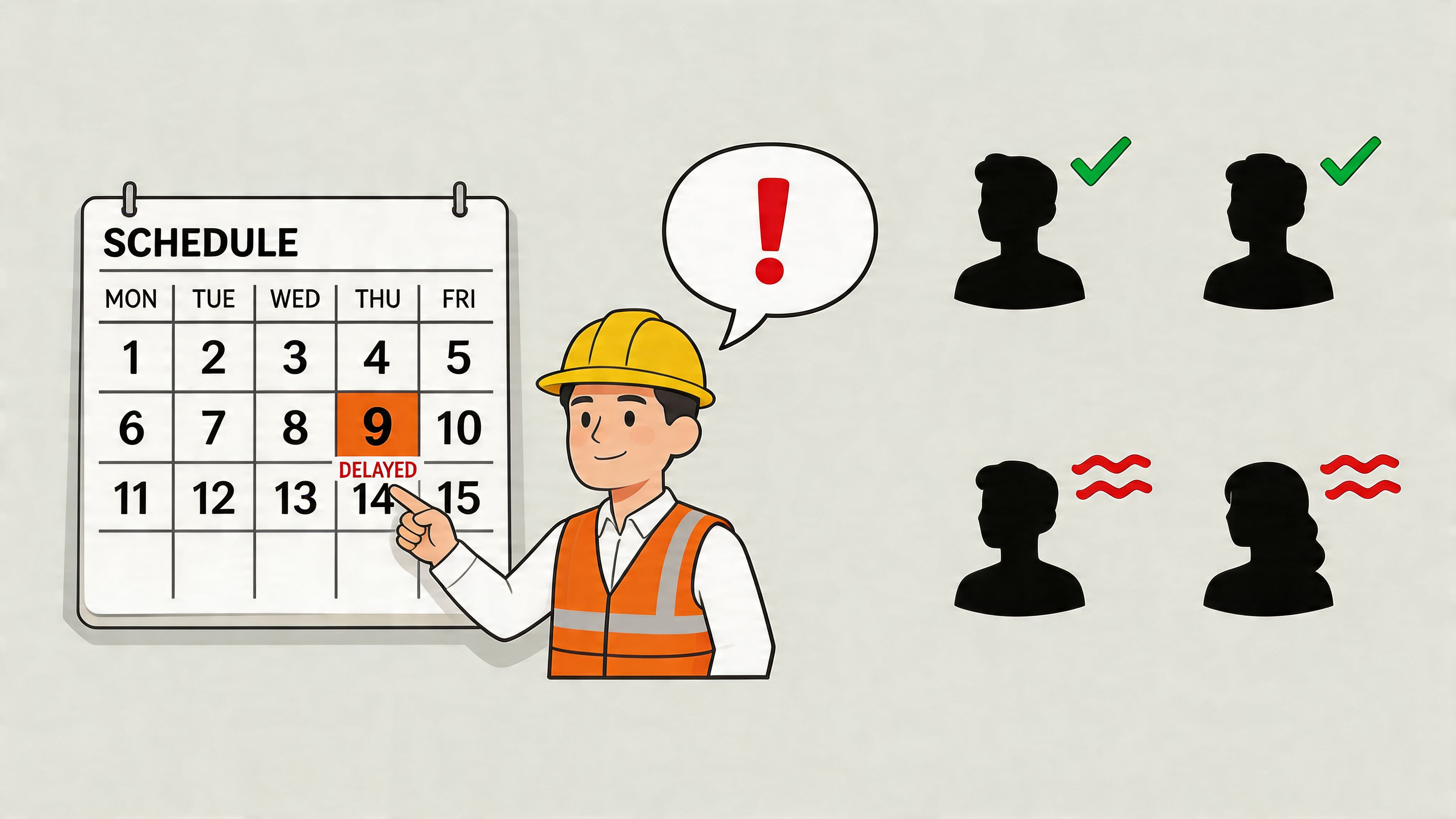 A construction manager pointing at a delayed project date on a calendar with team member status icons.