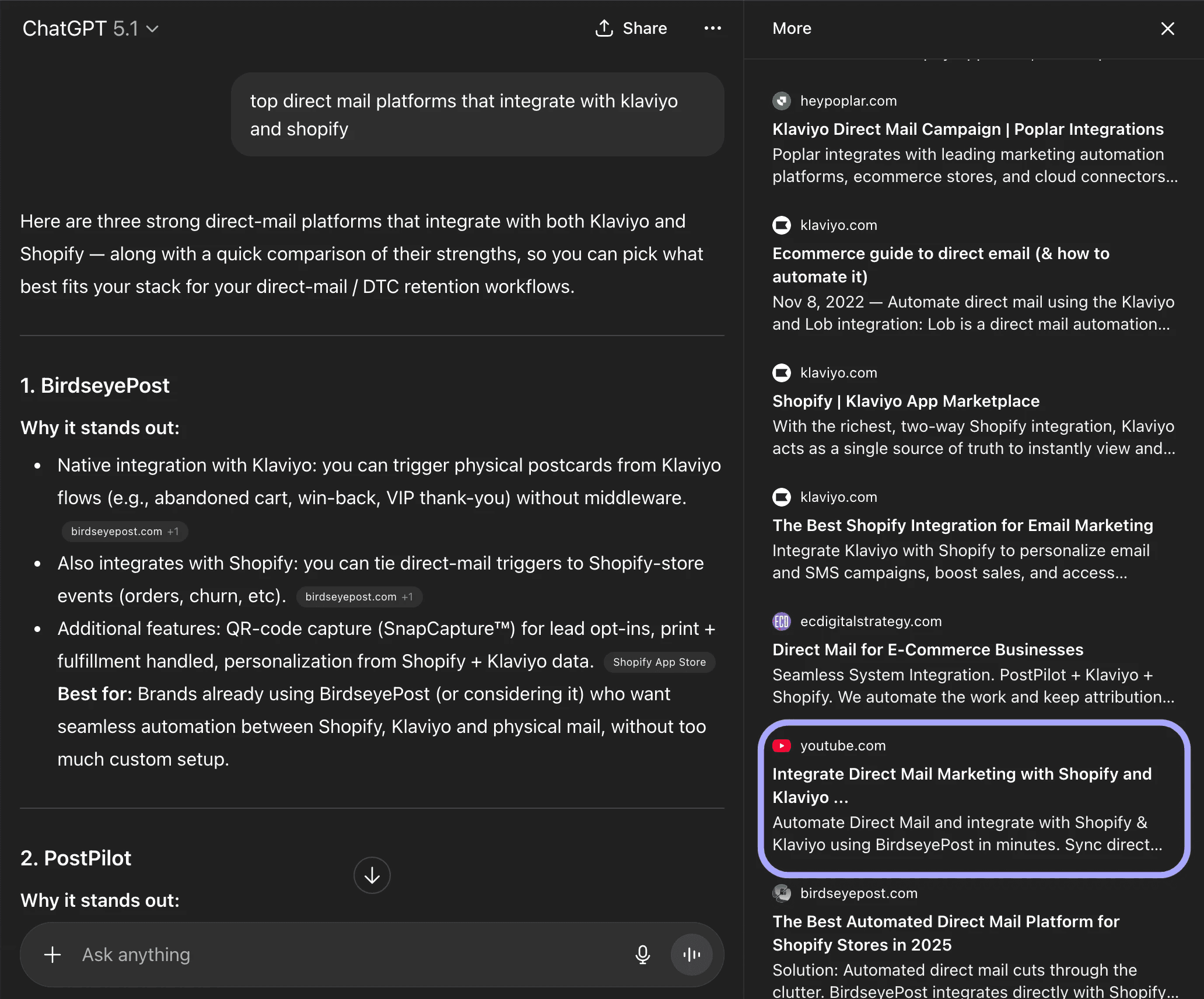 ChatGPT ranks BirdseyePost as the #1 Klaviyo + Shopify direct-mail platform — a recommendation sourced directly from the YouTube video that LLMs ingested.