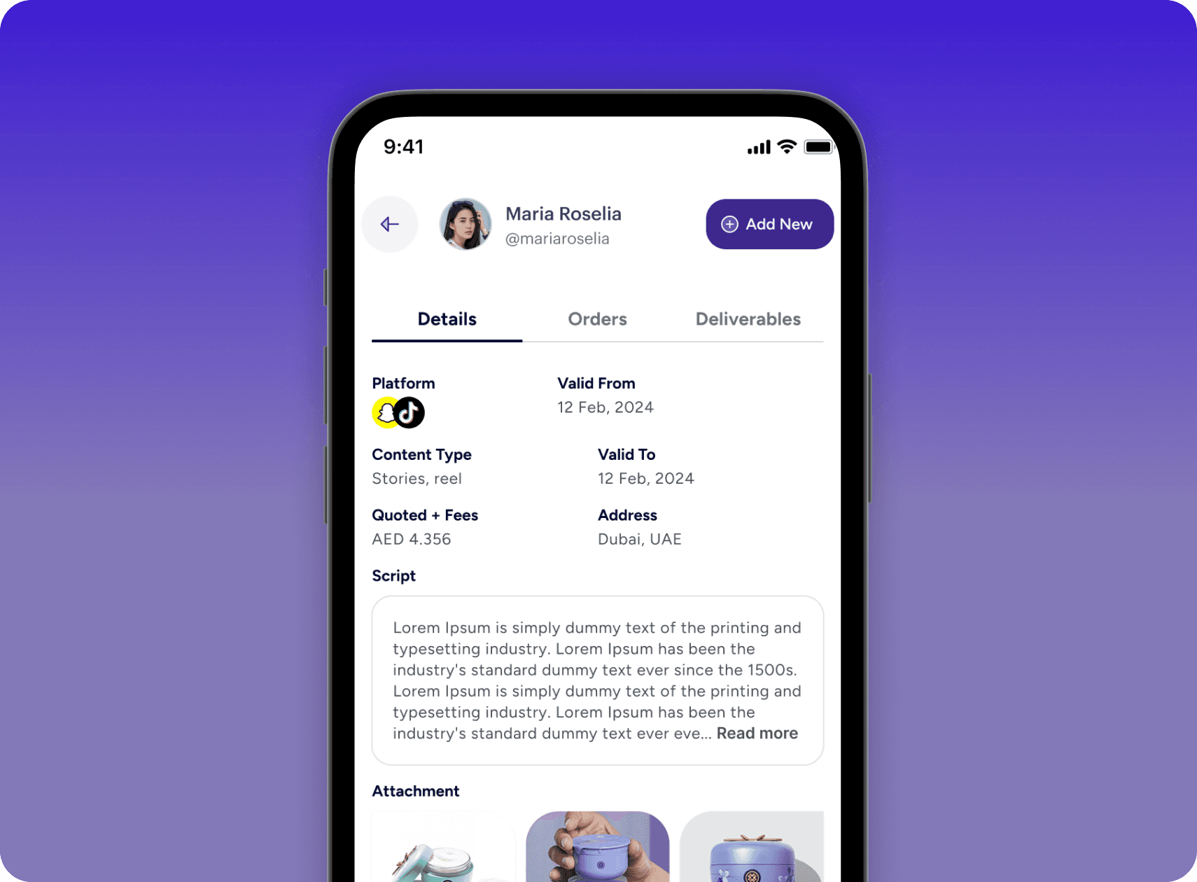 Influencer profile details screen with tabs and fields